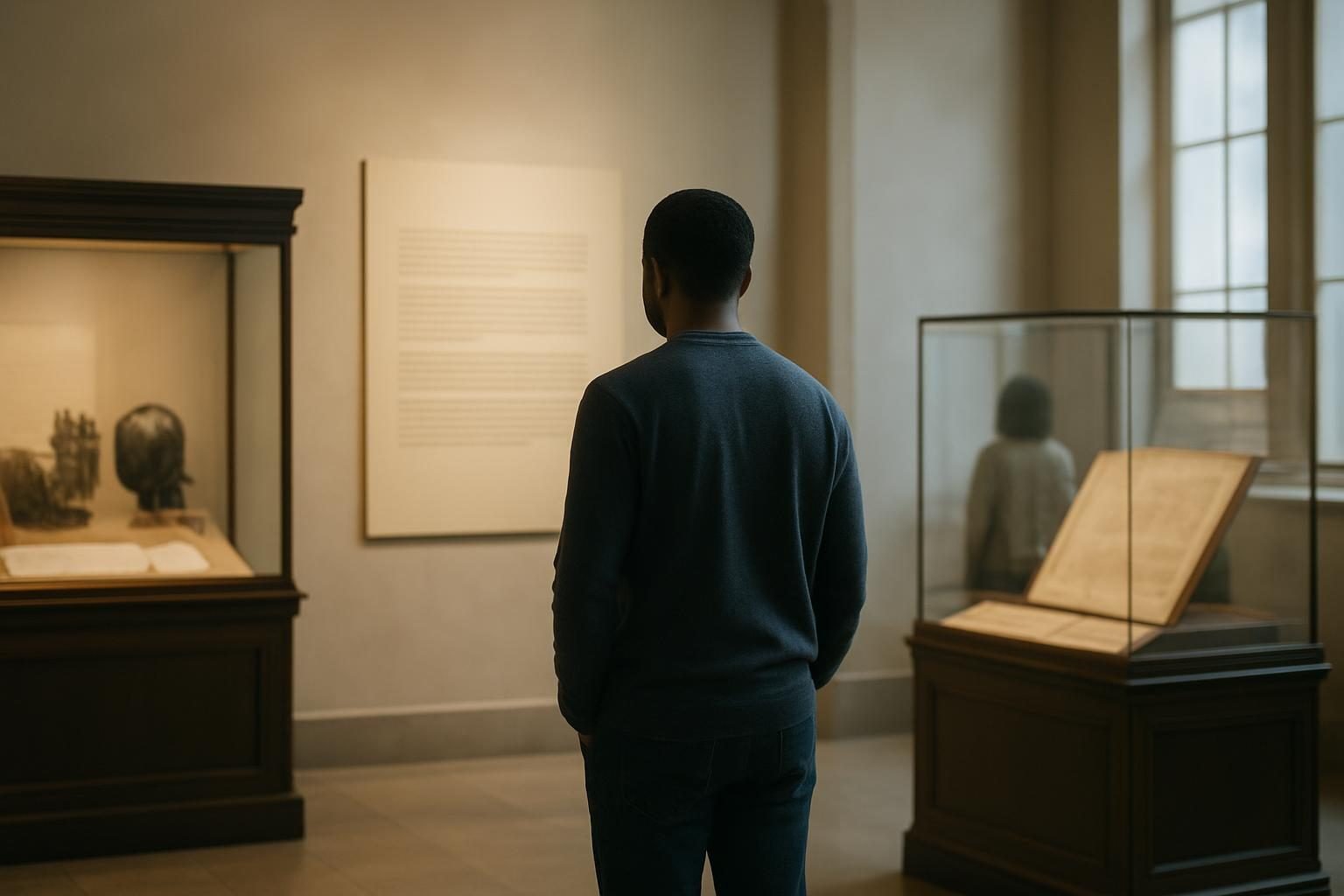 A visitor viewing exhibits in a quiet museum hall