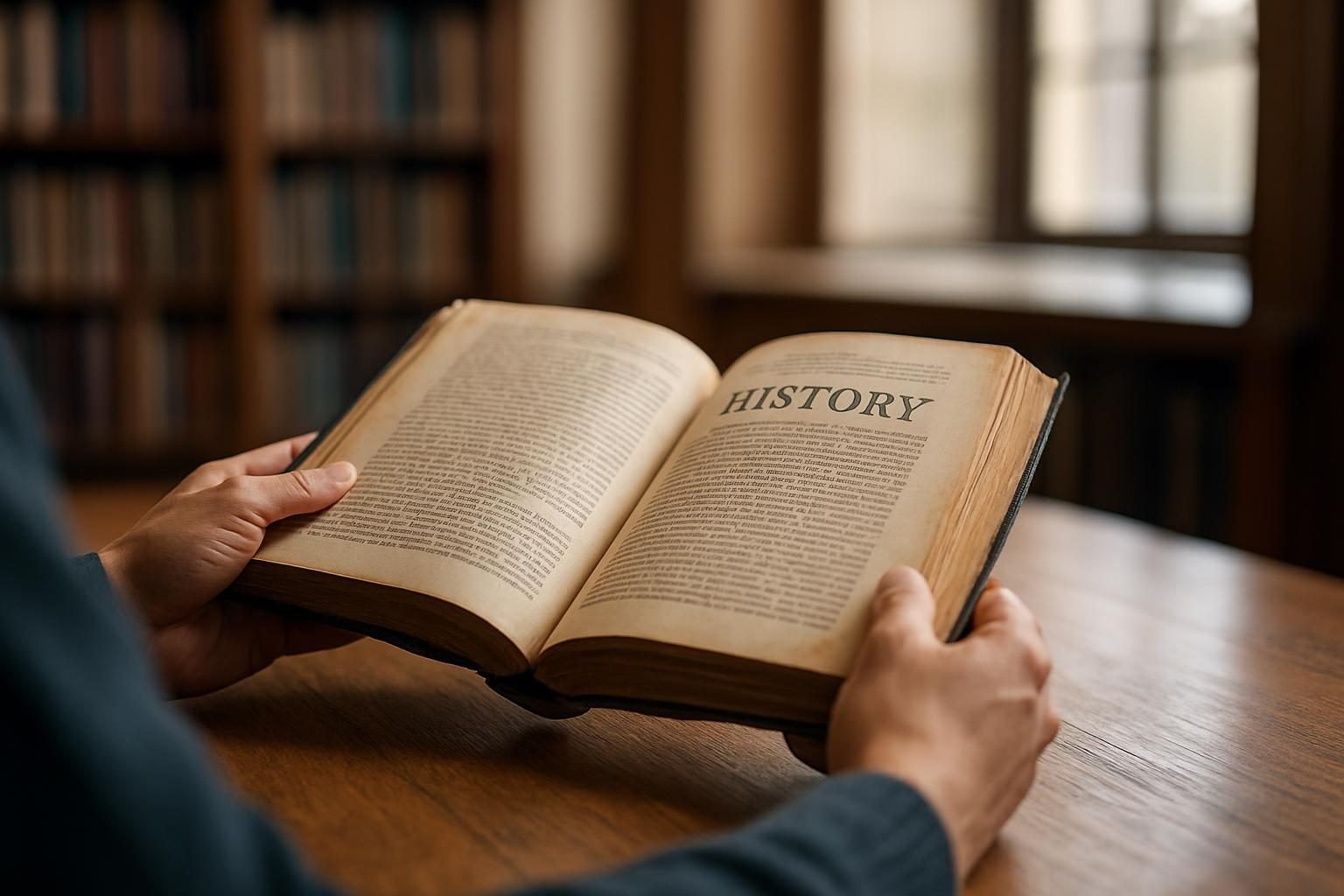 Hands holding a worn history book open on a library table
