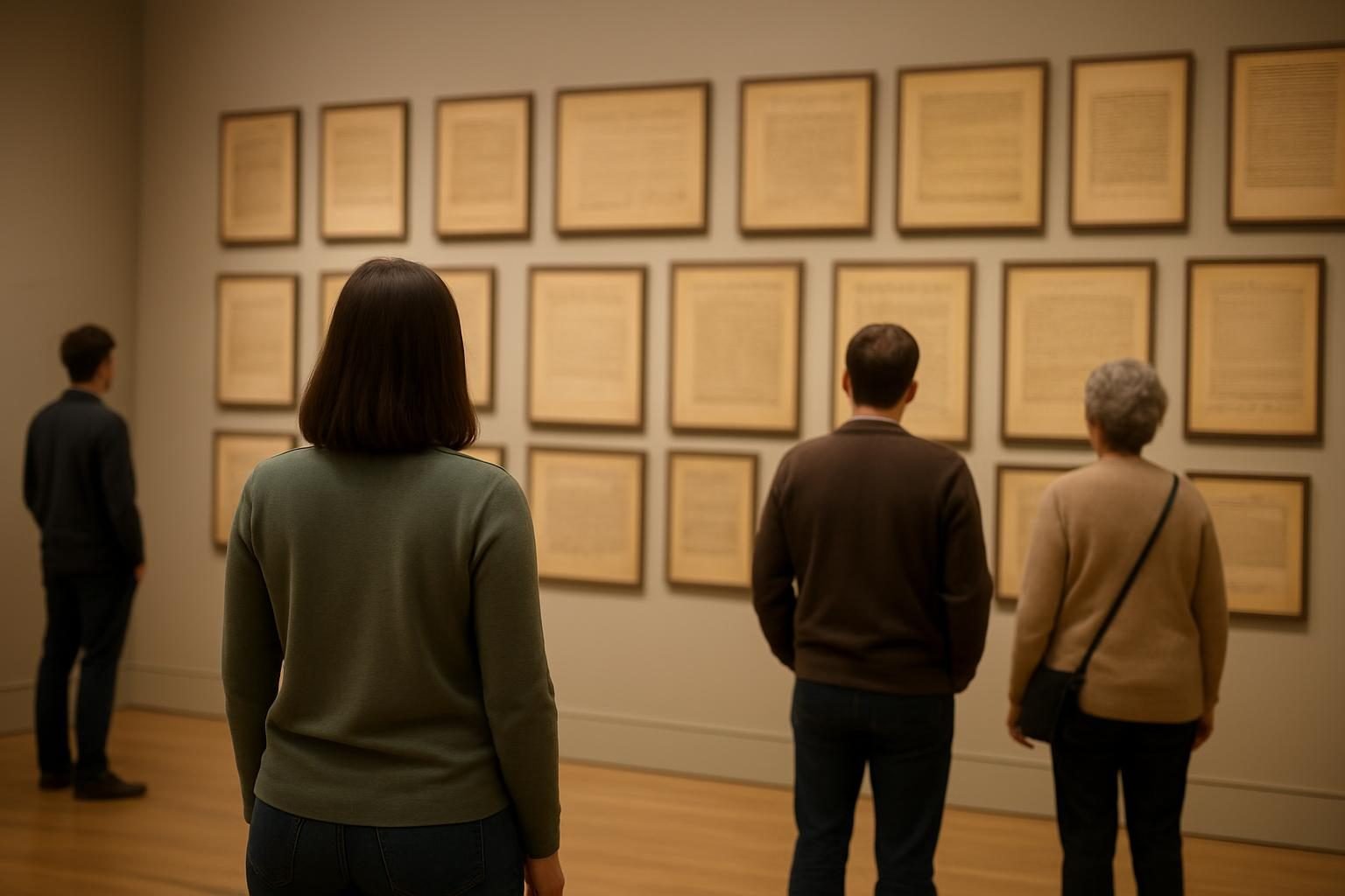 Visitors in a museum hall looking at a wall of historical documents