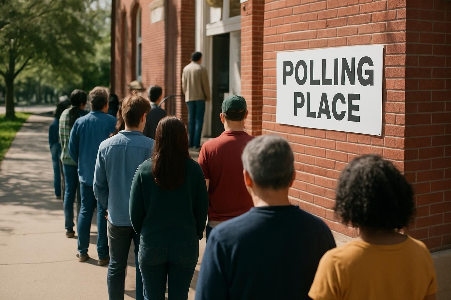 People waiting in line outside a polling place on a sunny day