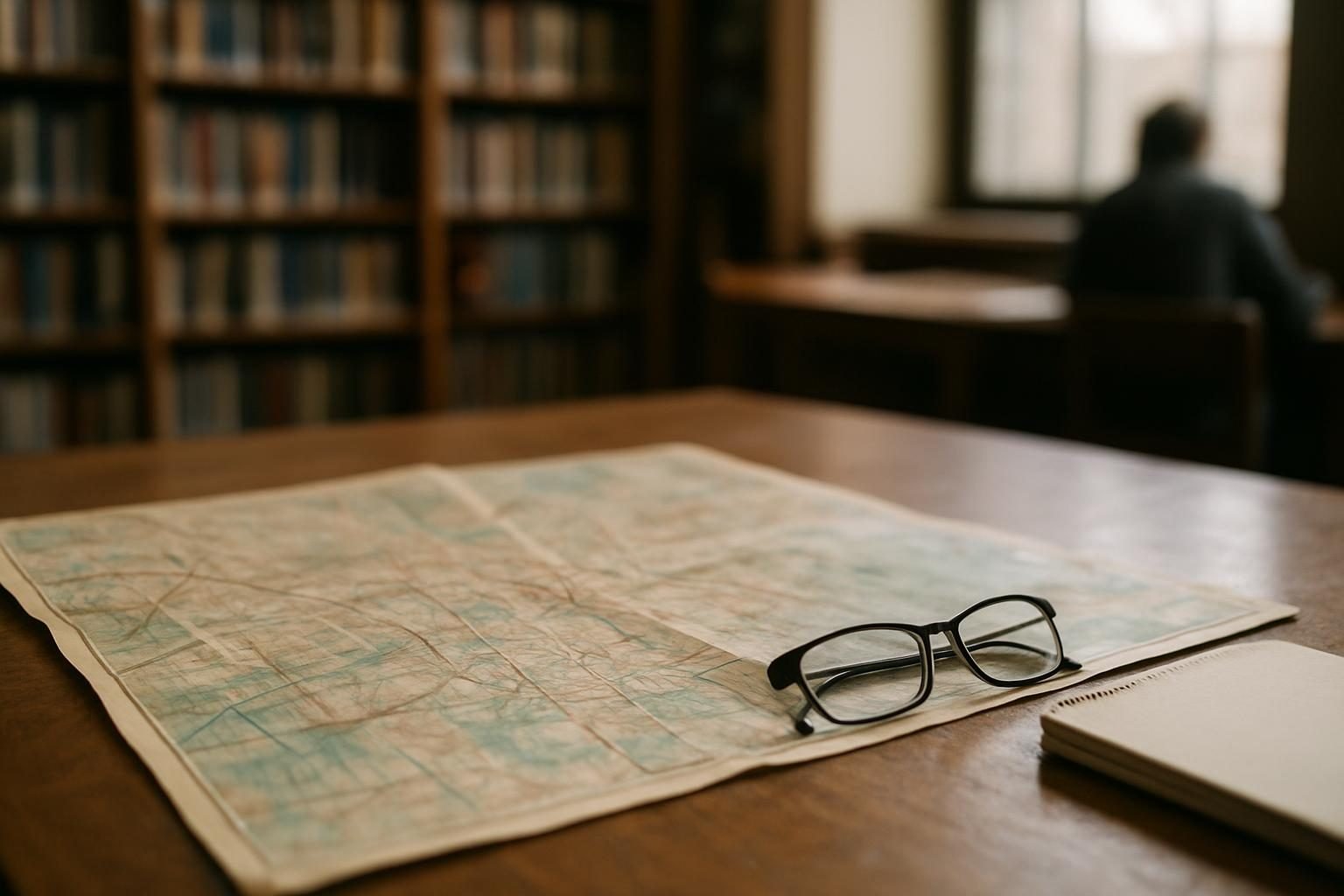 City map on a library table with reading glasses and notebook