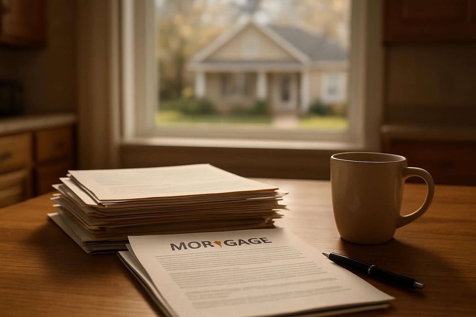 Home loan paperwork on a kitchen table in a family home