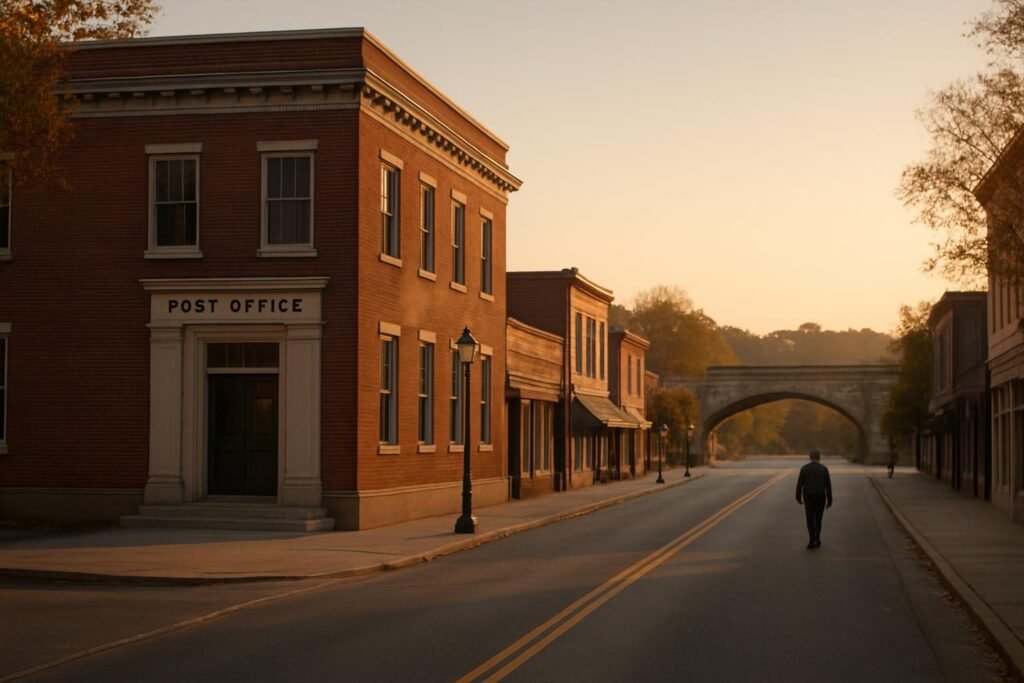 Small-town main street with a brick post office, a reminder of what the New Deal built