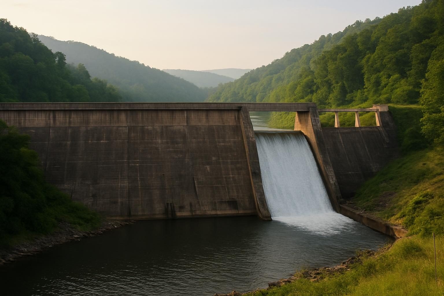 Large concrete dam on a river, an example of public works projects