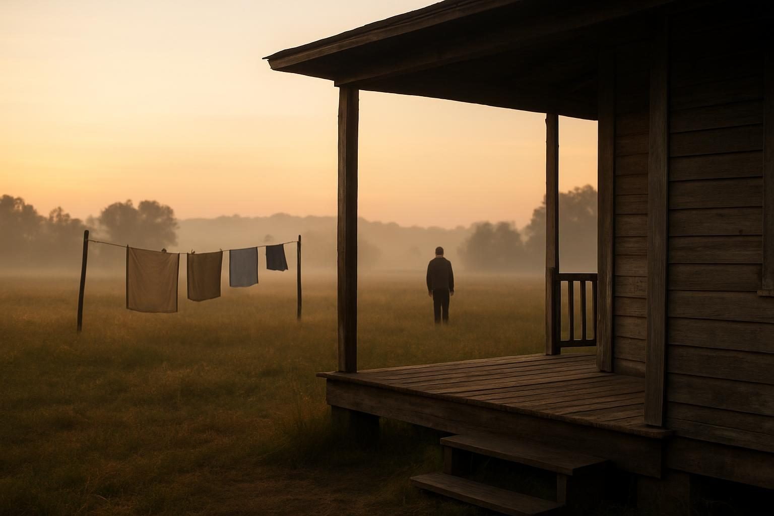 Rural farm field and farmhouse porch at dawn, representing farm and domestic labor