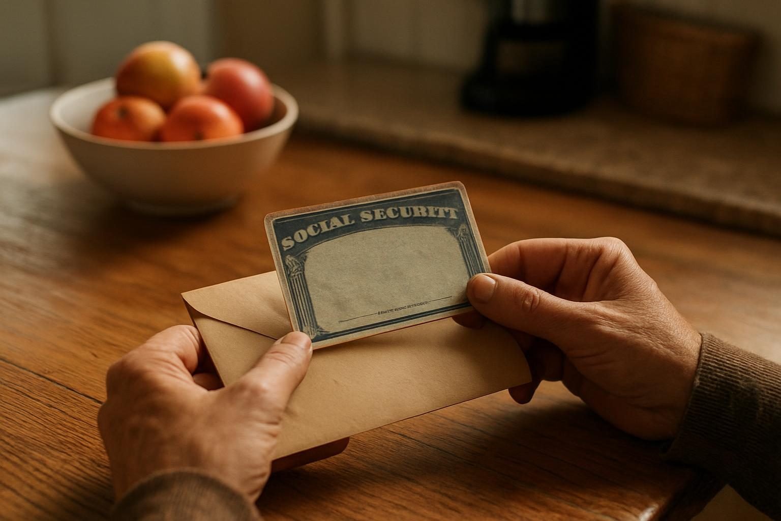 Hands holding an old benefits card and envelope on a kitchen table