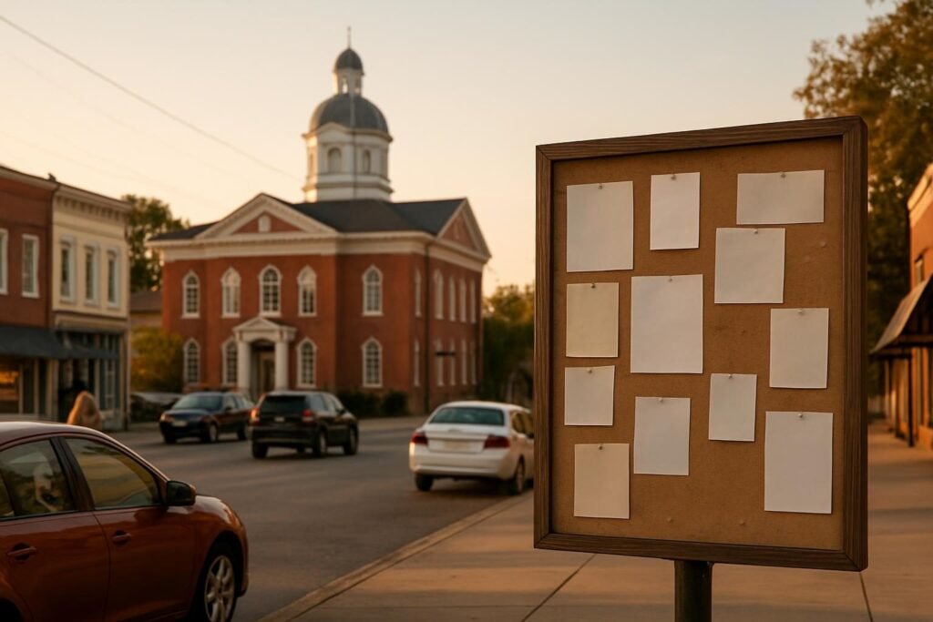 Small-town Southern courthouse square at dusk, illustrating what was the Southern Strategy