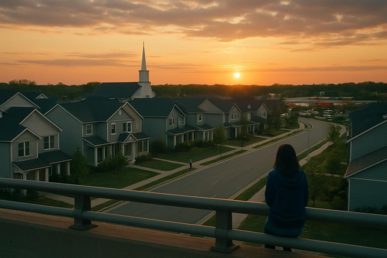 Growing suburban neighborhood with a church and shopping center