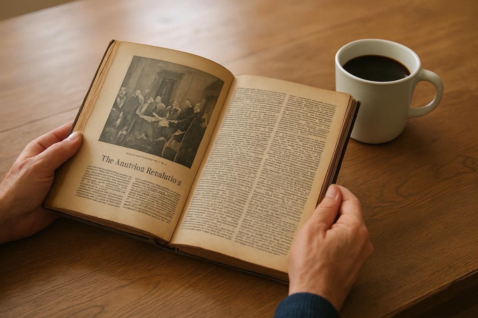 Hands holding an open history book at a library table