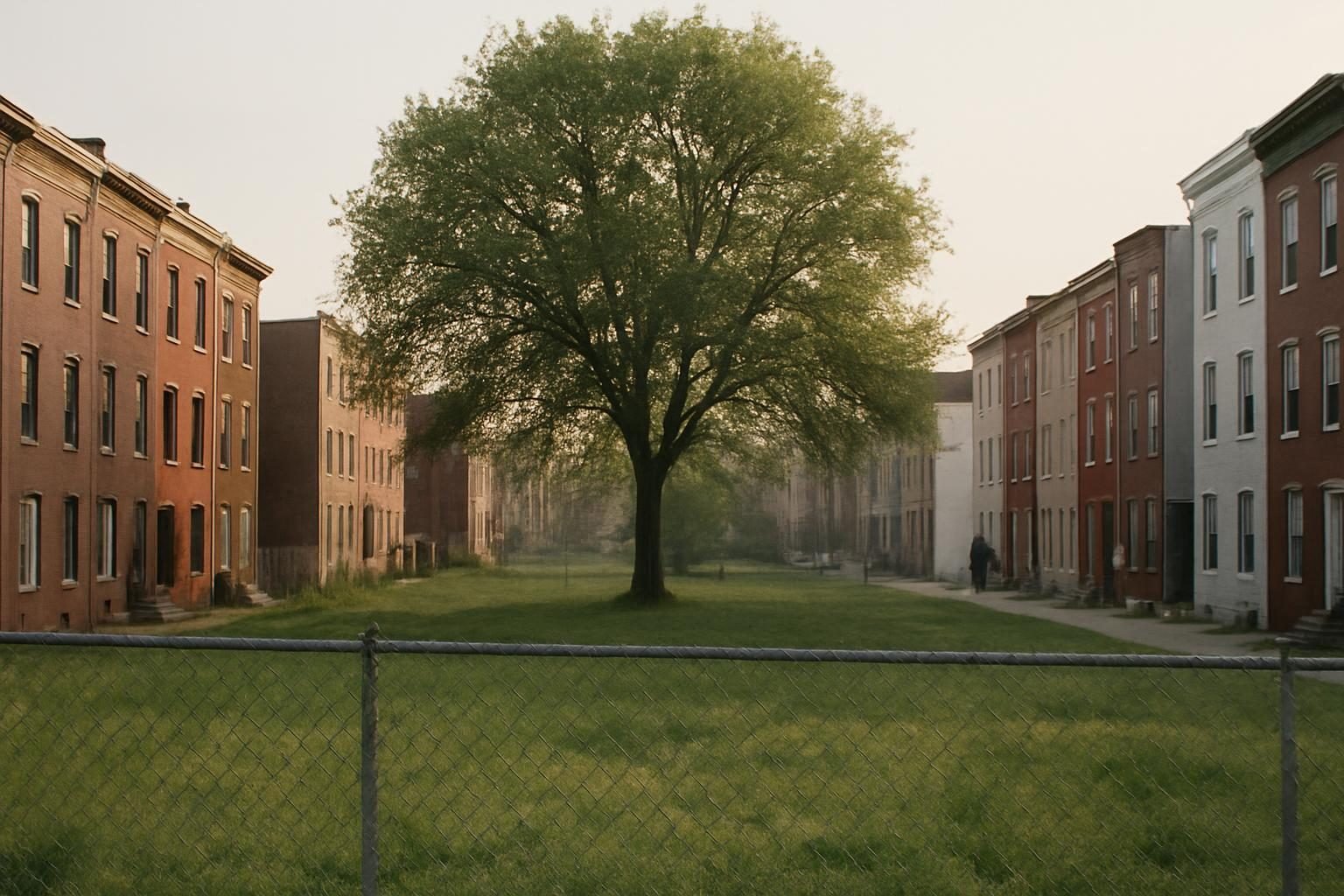 Vacant lot between rowhouses in an older American city neighborhood