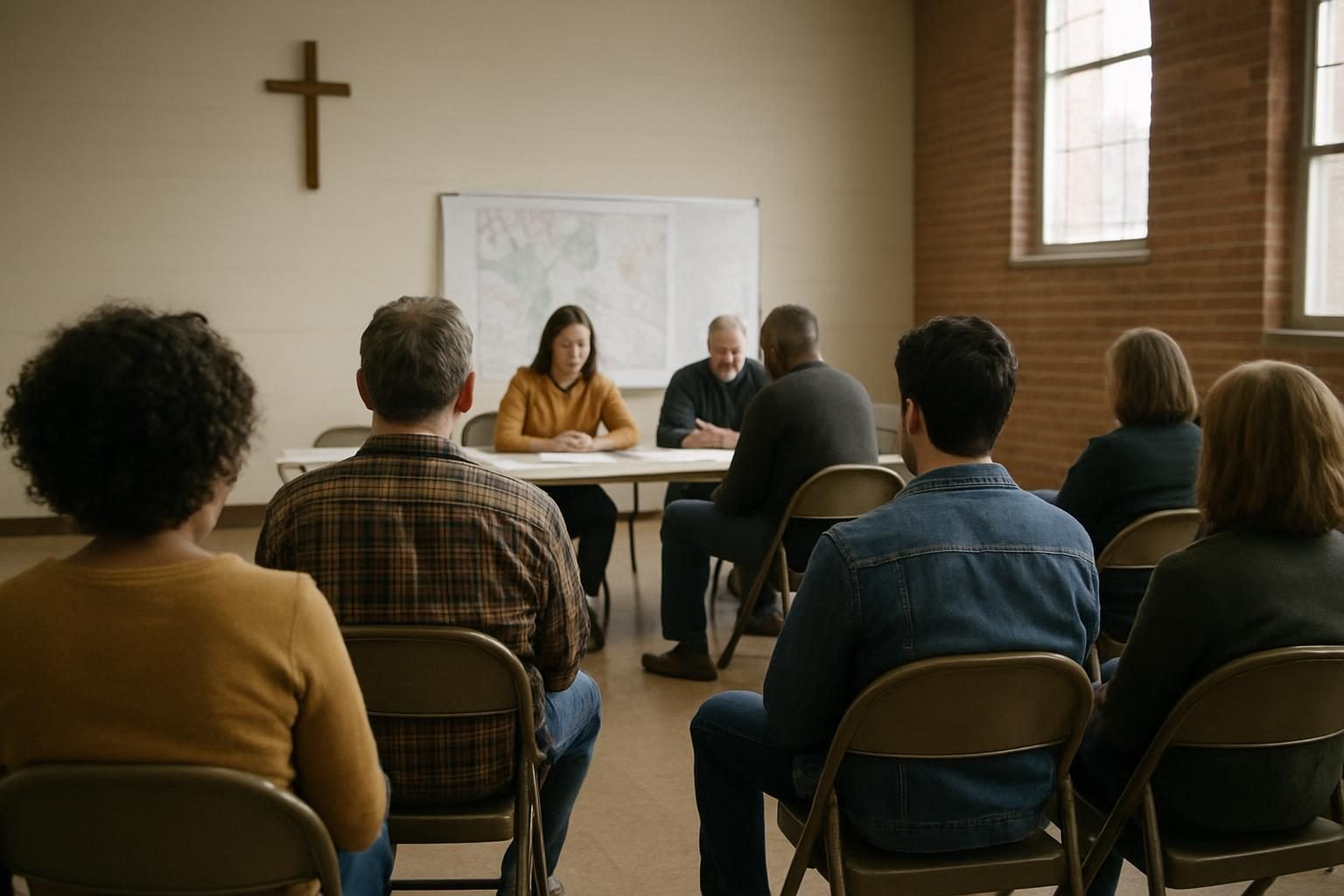 Residents at a community meeting reviewing maps and plans