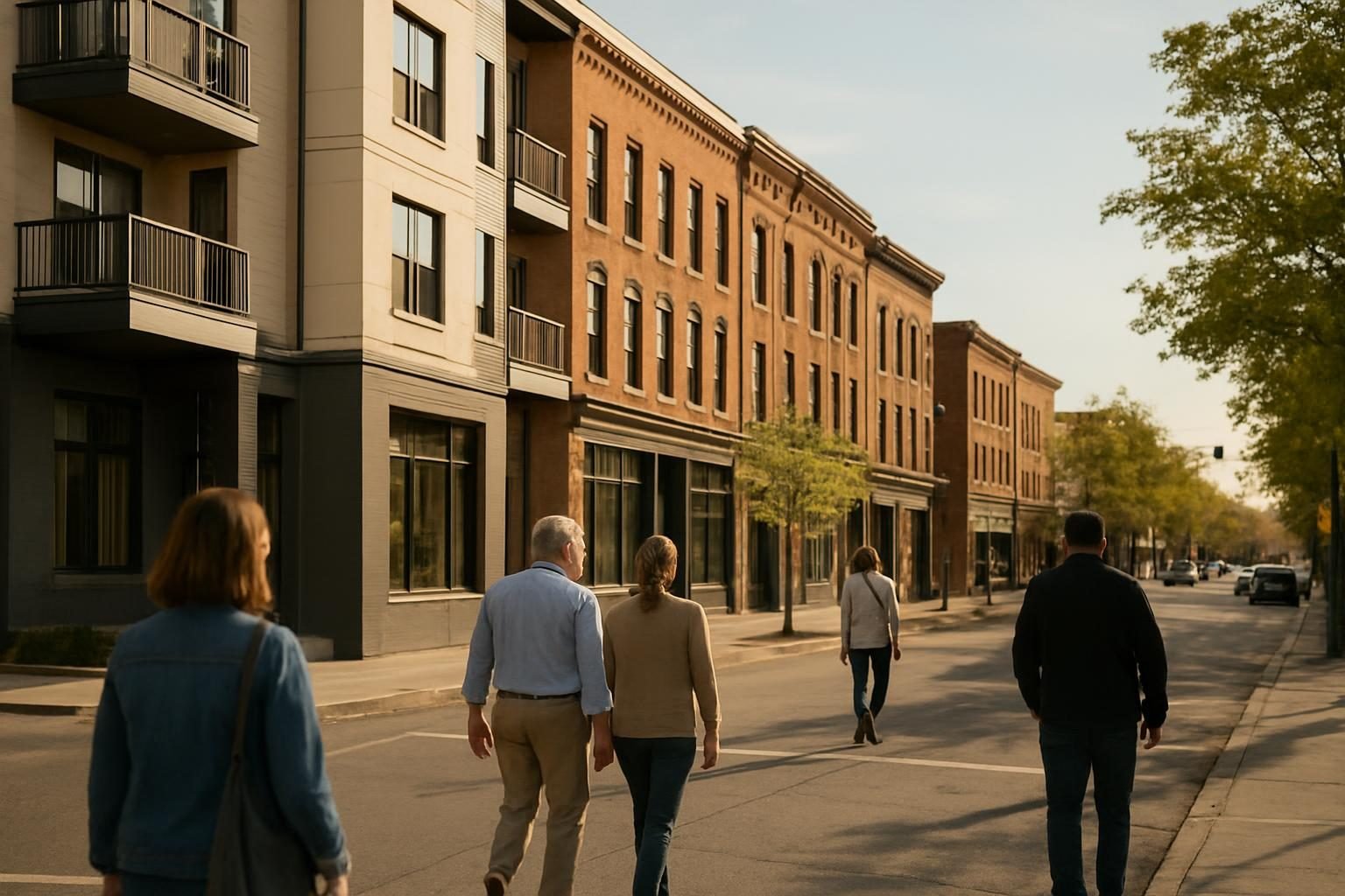 Revitalized city street with new apartments beside older storefronts