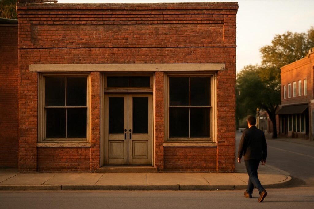 Quiet small-town main street with old brick storefronts, reflecting what were Jim Crow laws and their local reach