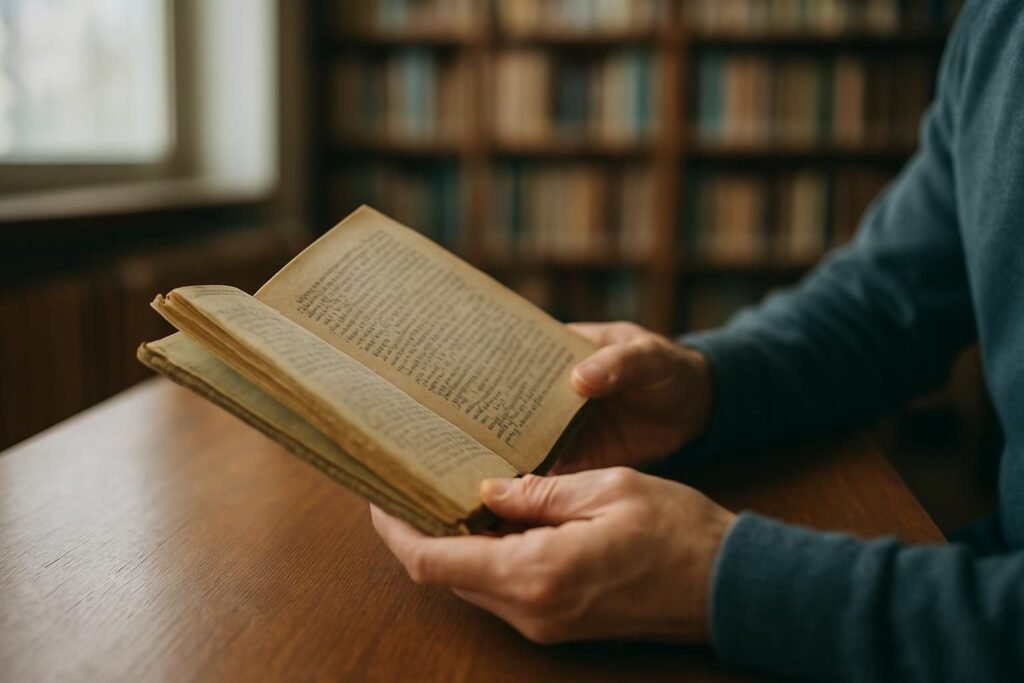 Hands holding a worn history book, a quiet setting for a White Rage summary