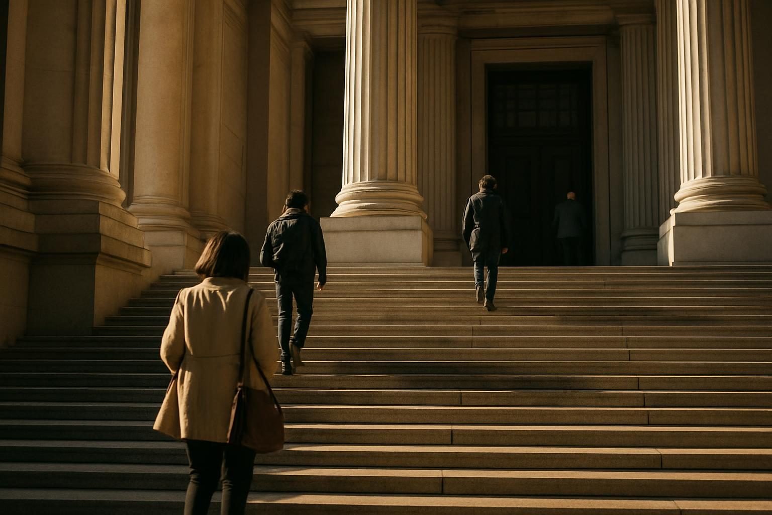 People climbing the steps of a county courthouse in morning light