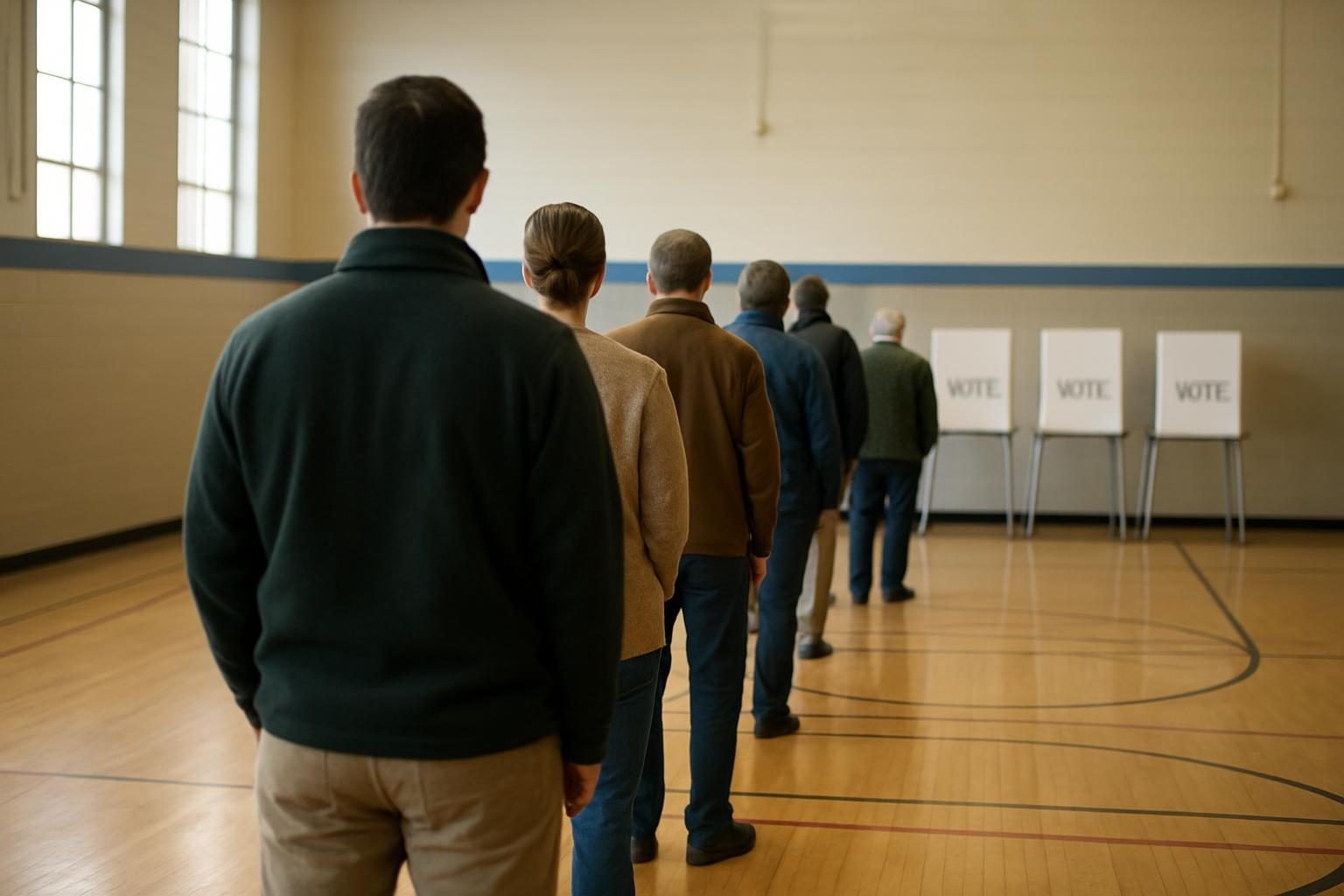 Voters waiting in line at a polling place in a school gym