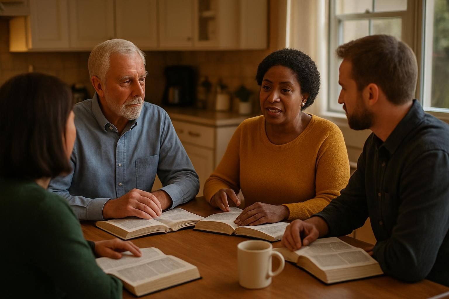 Neighbors discussing a book around a kitchen table in the evening