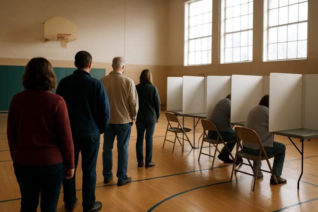 Voters waiting in line at a polling place, illustrating why we have a two-party system