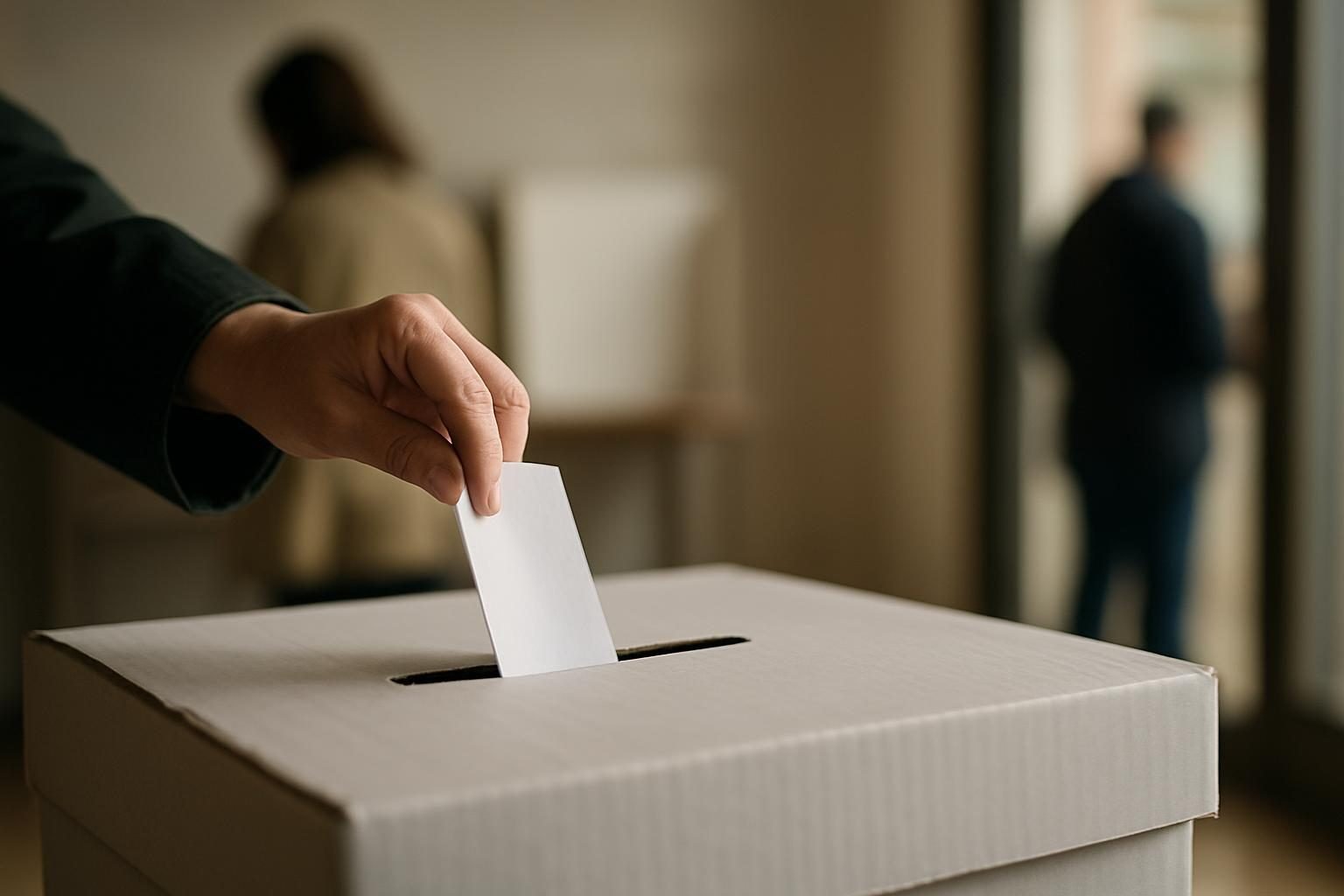 A paper ballot being placed in a ballot box at a polling station