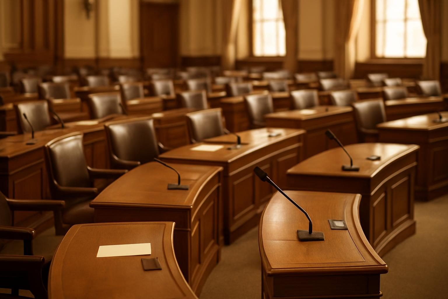 An empty semicircular legislative chamber with rows of desks