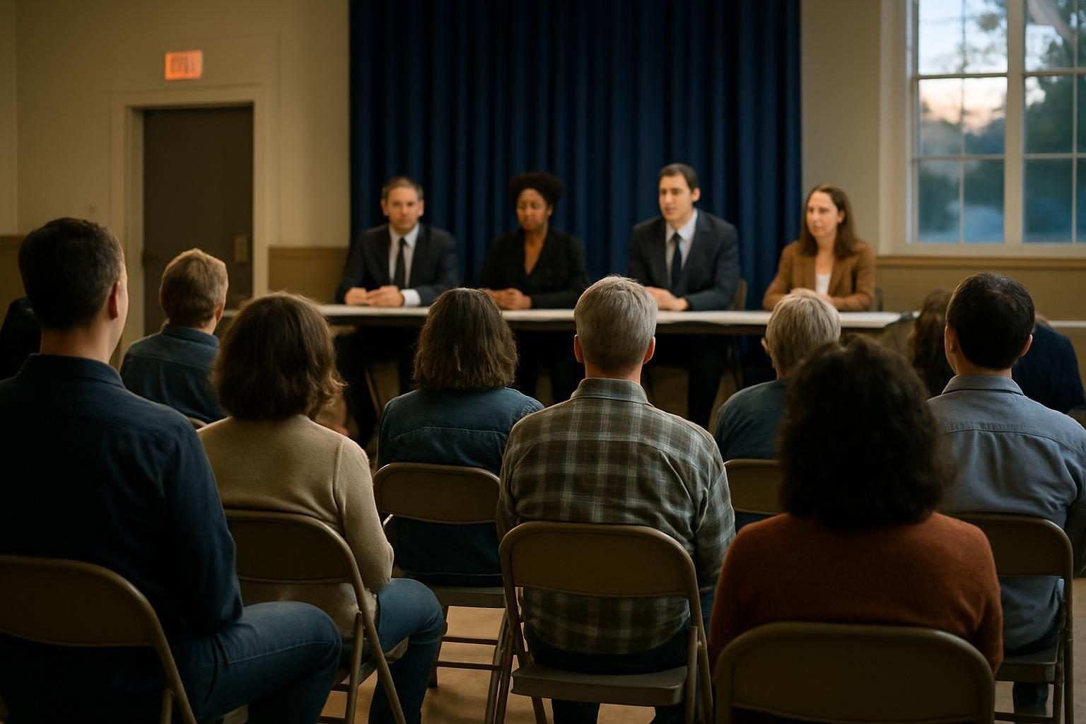 Neighbors seated at a local town hall meeting, seen from behind